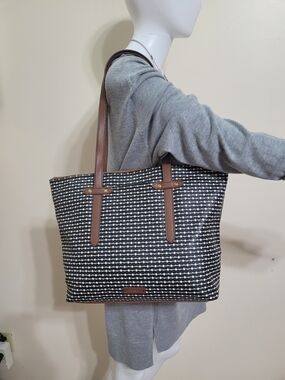 Fossil Black & White Patterned Tote with Brown Straps